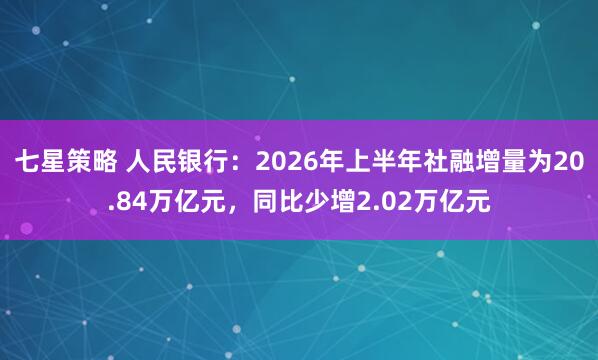 七星策略 人民银行：2026年上半年社融增量为20.84万亿元，同比少增2.02万亿元